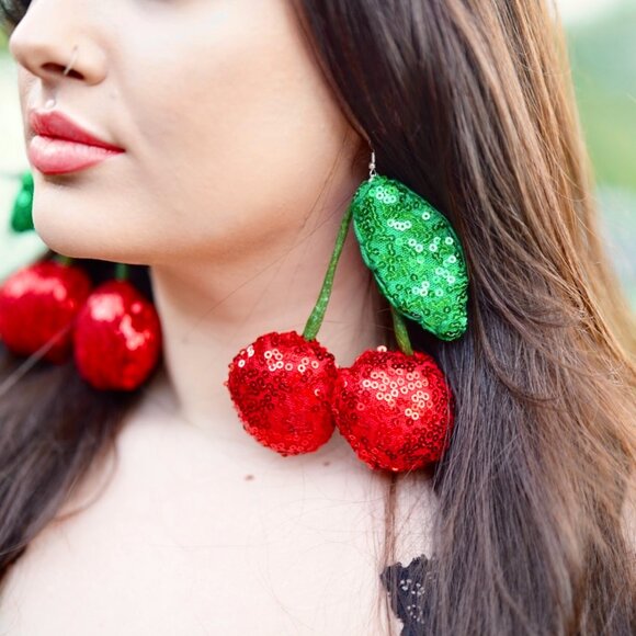 Disco Fruits Jewelry - DiscoFruits Plush Sparkly Sequin Statement Disco Cherry Earrings in Red & Green